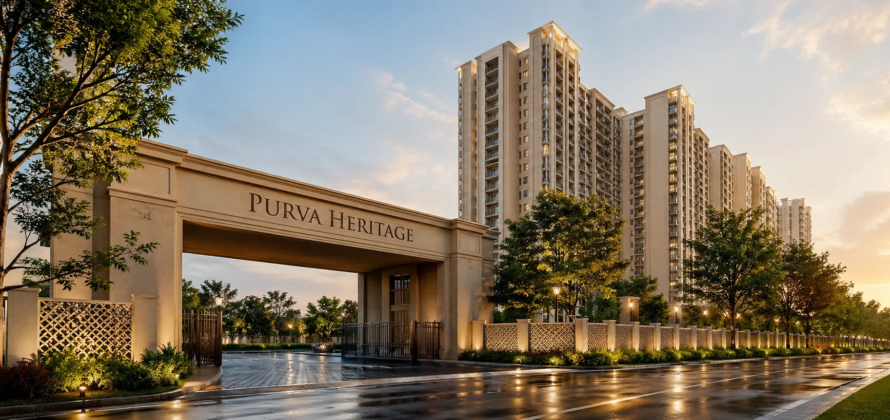 Purva Heritage premium residential towers at dusk